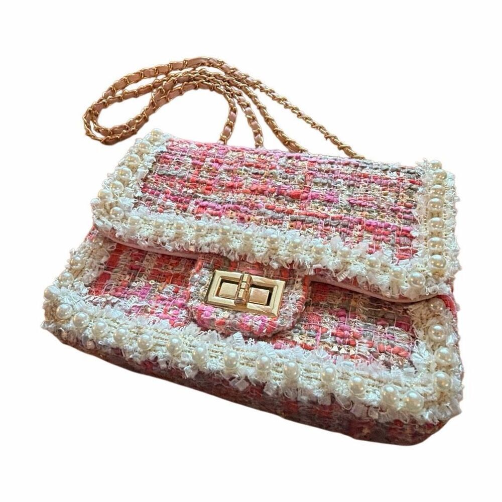 Classic tweed pearl pink shoulder bag purse super cute classic gold closure - Picture 7 of 9
